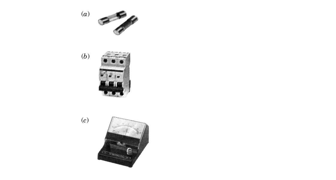 diagram for Identify electrical safety/measuring devices from figures and give uses