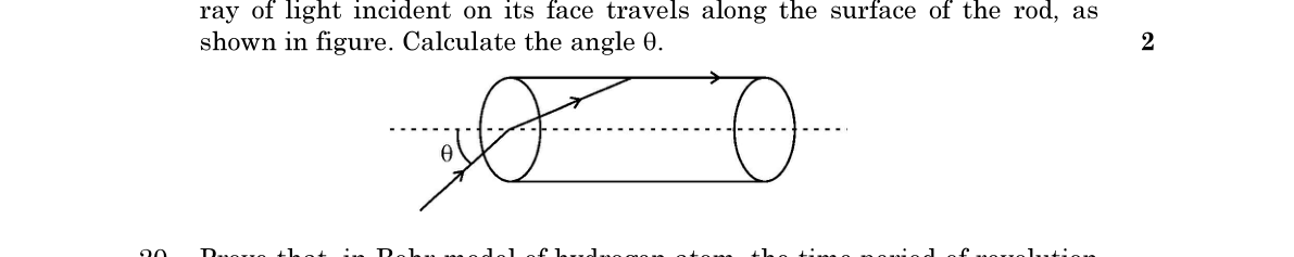 diagram for Critical angle / grazing incidence - find angle or refractive index
